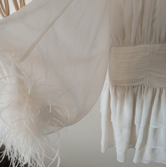 A Loves A Chiffon Feather Trim Ruched Mock Neck Long Sleeve Fit and Flare Dress - Picture 5 of 12